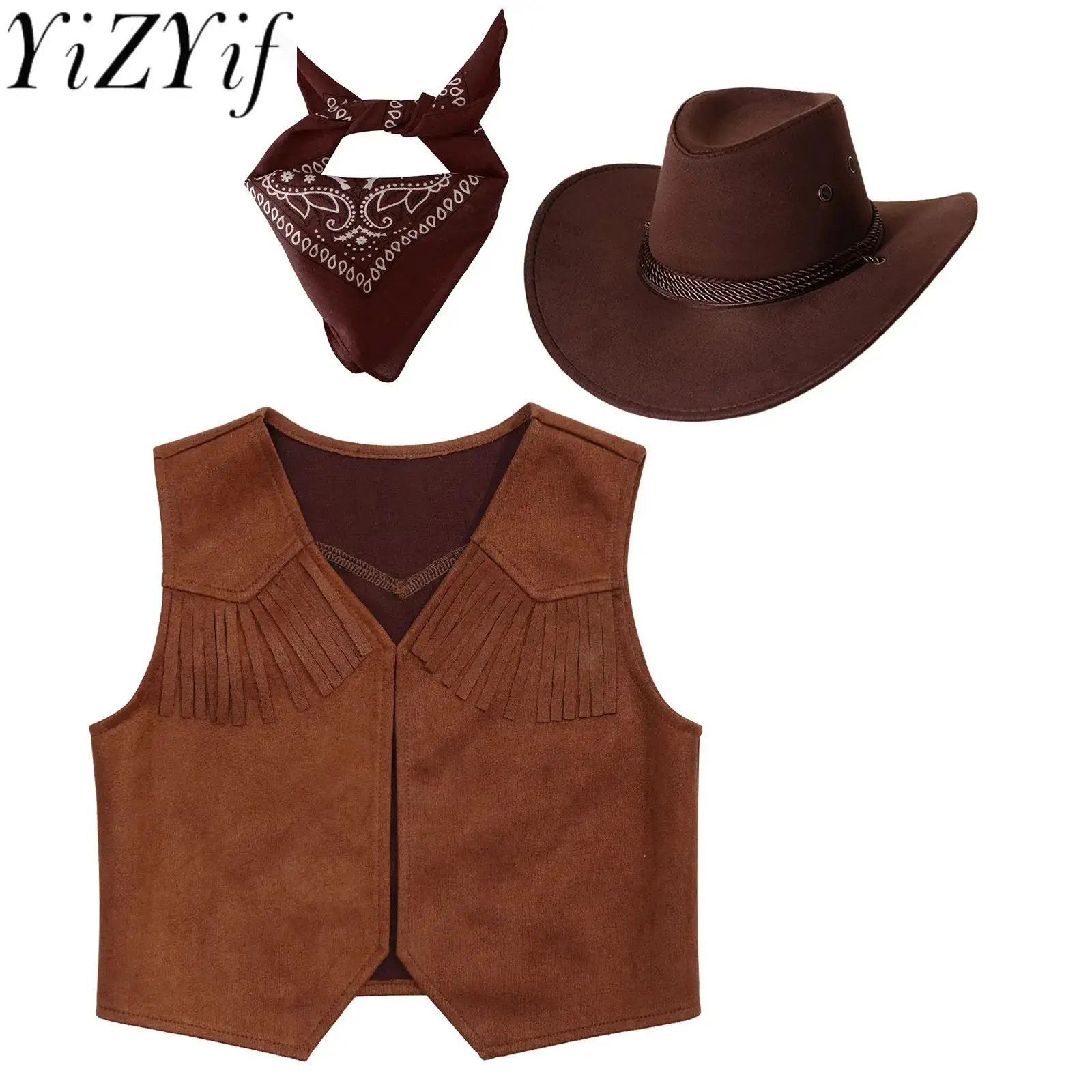 Tenue de Cowboy Western unisexe pour garçons, ensemble de chapeau bandana, glaçage ouvert sur le devant, habillage de paupières, fête d'Halloween et de carnaval