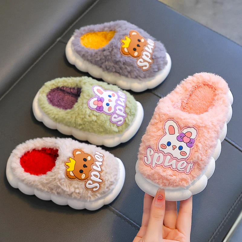 New Winter Cute Rabbit Bear Children\'s Warm Non-slip Plush Slippers For Girls Boys Home Indoor Fluffy Mule Kids Cotton Shoes