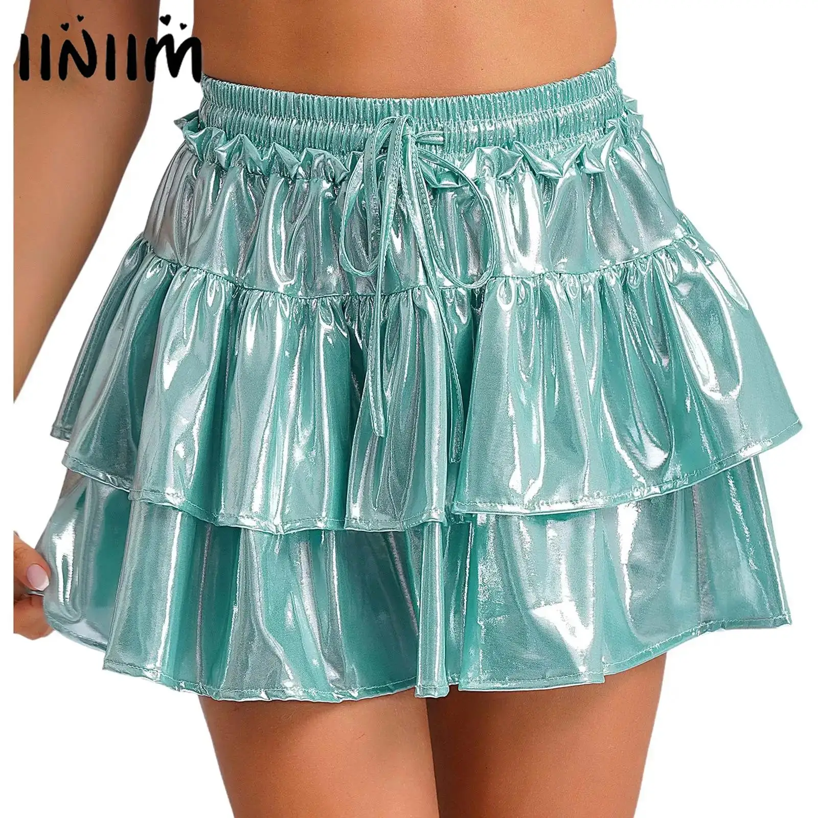 

Women High Waist Flared A Line Stretchy Puffy Mini Skirt Metallic Party Carnival Drawstring Tiered Ruffles High Waist Mini Skirt