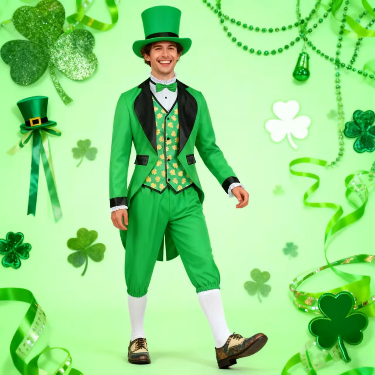 St. Patrick's Day Kobold-Kostüm-Set Herren Grüner Gehrock mit Hut Fliege Viktorianischer Stil Irische Parade Party Cosplay Outfit