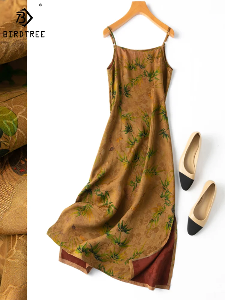 Birdtree 28MM100%Natural Silk Tank Dresses Women Fragrant Red Cloud Gauze Loose Sleeveless Maxi Vest Dress Summer New D36313JM