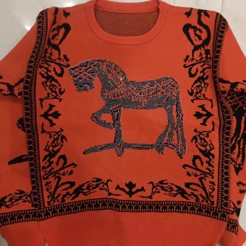 Rhinestone Horse Print Spring and Autumn Women\'s Knitted Ralph Sweater Y2K Vintage Men\'s Knitted Laure Pullover Sweater Jacket