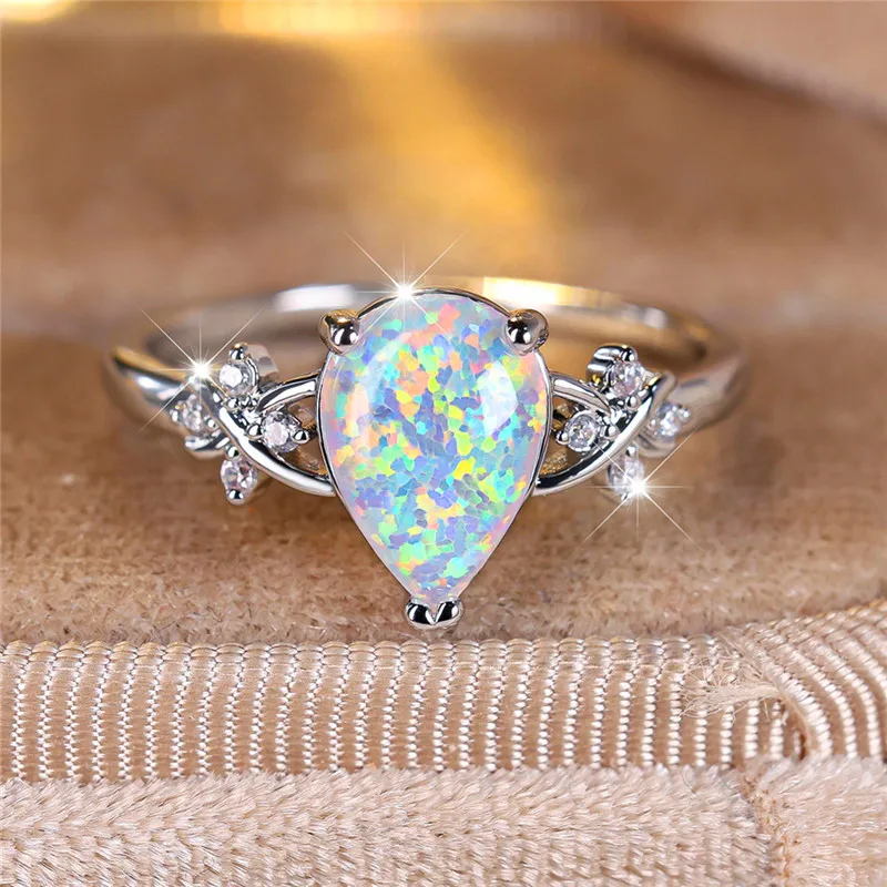 Luxus weibliche weiße Feuer Opal Stein Verlobung sring trend ige silberne Farbe Wasser tropfen Hochzeits schmuck Geschenk für Frauen
