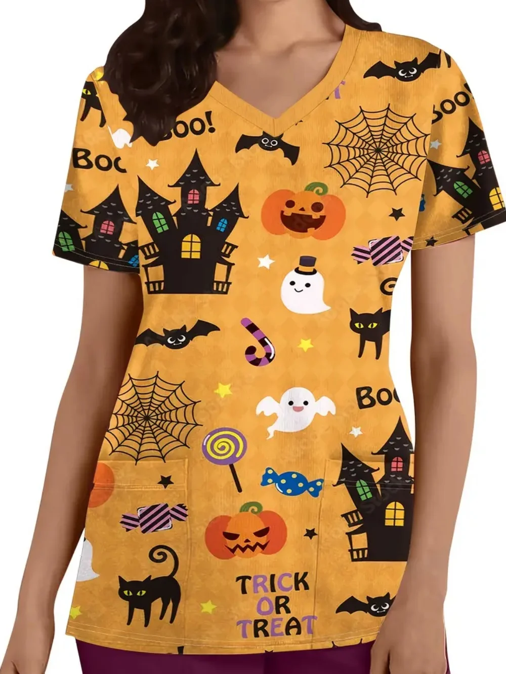Damskie stroje na Halloween, medyczne, urocze, z wzorem dyni, bluza medyczna z dekoltem w serek, krótki rękaw, z kieszeniami, koszulka, halloweenowe stroje chirurgiczne.