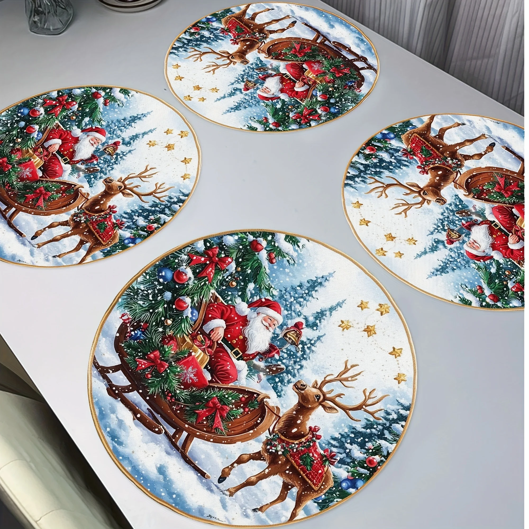 VIKAMA Round Christmas Placemats Santa Sleigh Reindeer Linen Mats Non-Slip Heat Resistant for Holiday Table Setting Decor