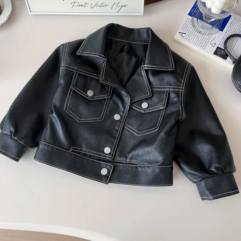 

Children's Leather Jacket New Spring and Autumn Season Girl Baby Turn-down Collar Short Jacket Elegant Soft Leather Jacket for G