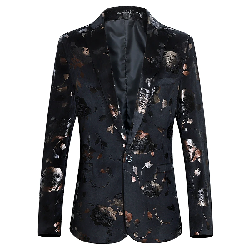 Men\'s Floral Print Bronzing Slim Fit Large Size 6XL Suit Coat Fashion Casual Male Banquet Blazer Jacket