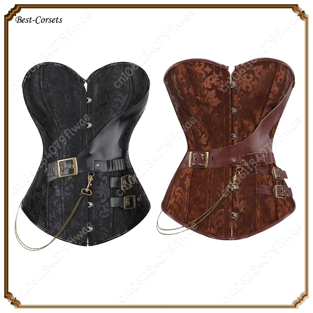 Pirate Corset Women Brown Steampunk Corset Top Plus Size Punk Chain Vintage Corset Lingerie Black Red