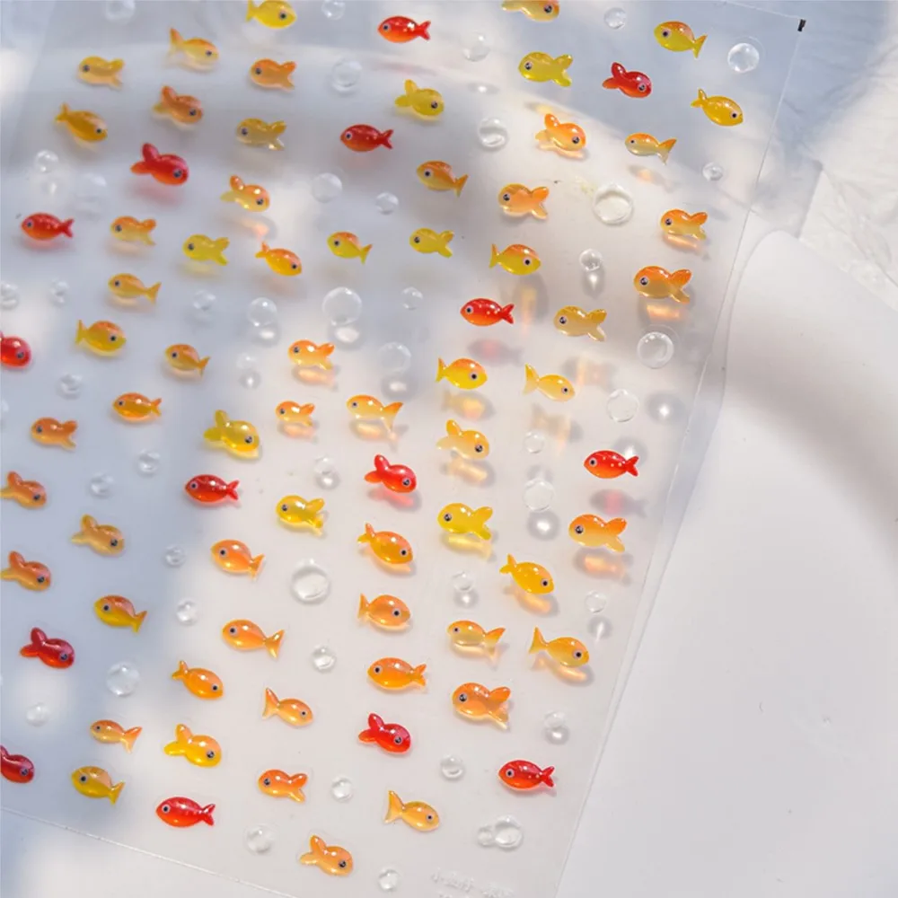 1 folha 5d em relevo geléia peixinho dourado koi etiqueta do prego decalques auto-adesivo vermelho amarelo peixe bolha arte do prego sliders manicure adesivo
