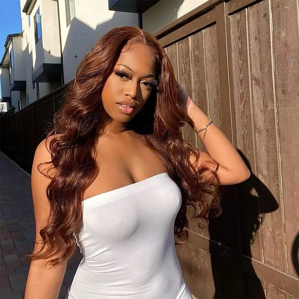 

Chocolate Brown 13x6 13x4 HD Lace Frontal Wigs Pre Plucked Body Wave 36 46 Inches Colored Human Hair 200% Density Wig For Women