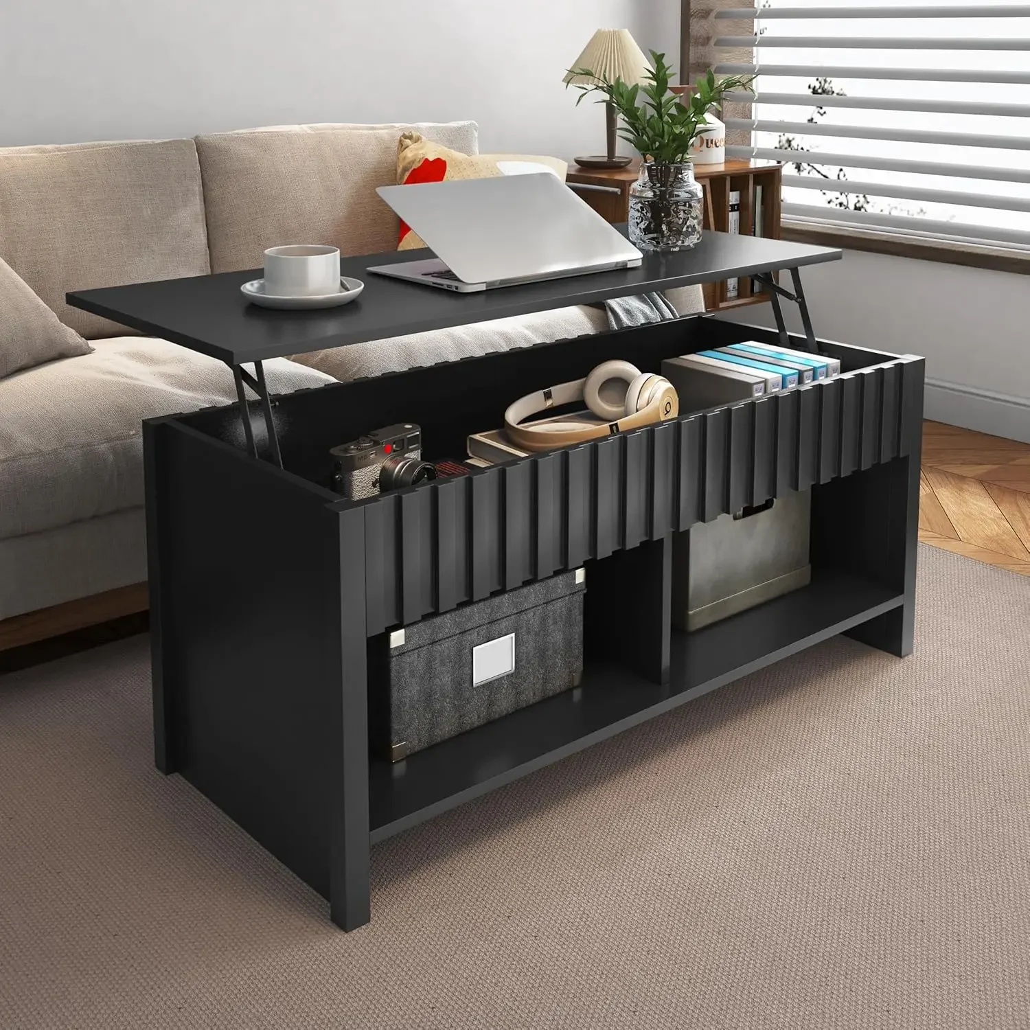 Coffee Table, Wooden Dining Coffee Table,   with Lift Top Large Hidden Storage Shelf Accent Table Furniture (Black)