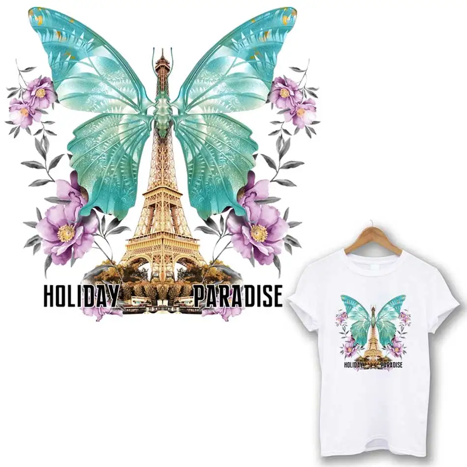 Butterfly Tower Iron-On Transfer For Clothing DIY Washable T-Shirts Thermo Adhesive Patches Fashion Flowers Stickers Appliqued