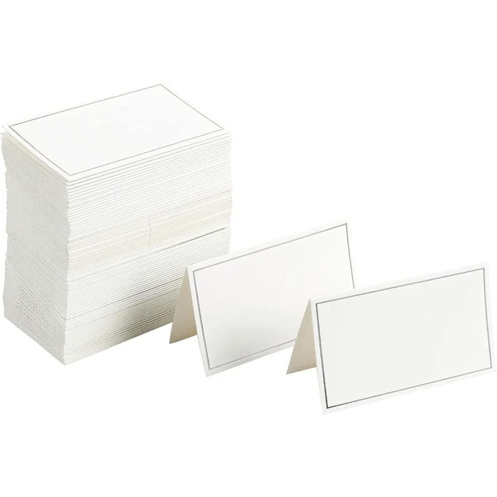 Best Paper Greetings Place Cards for Table Setting - 100-Pack 3.5 x 2 In White & Silver Foil Folded Tents - Wedding & Banquet Se