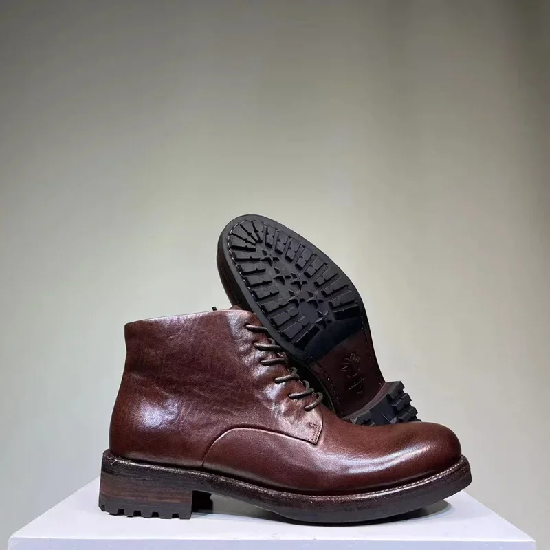 

Мужские Винтажные кожаные ботинки Goodyear ручной работы, старые моющиеся, с круглым носком, короткие сапоги на шнуровке