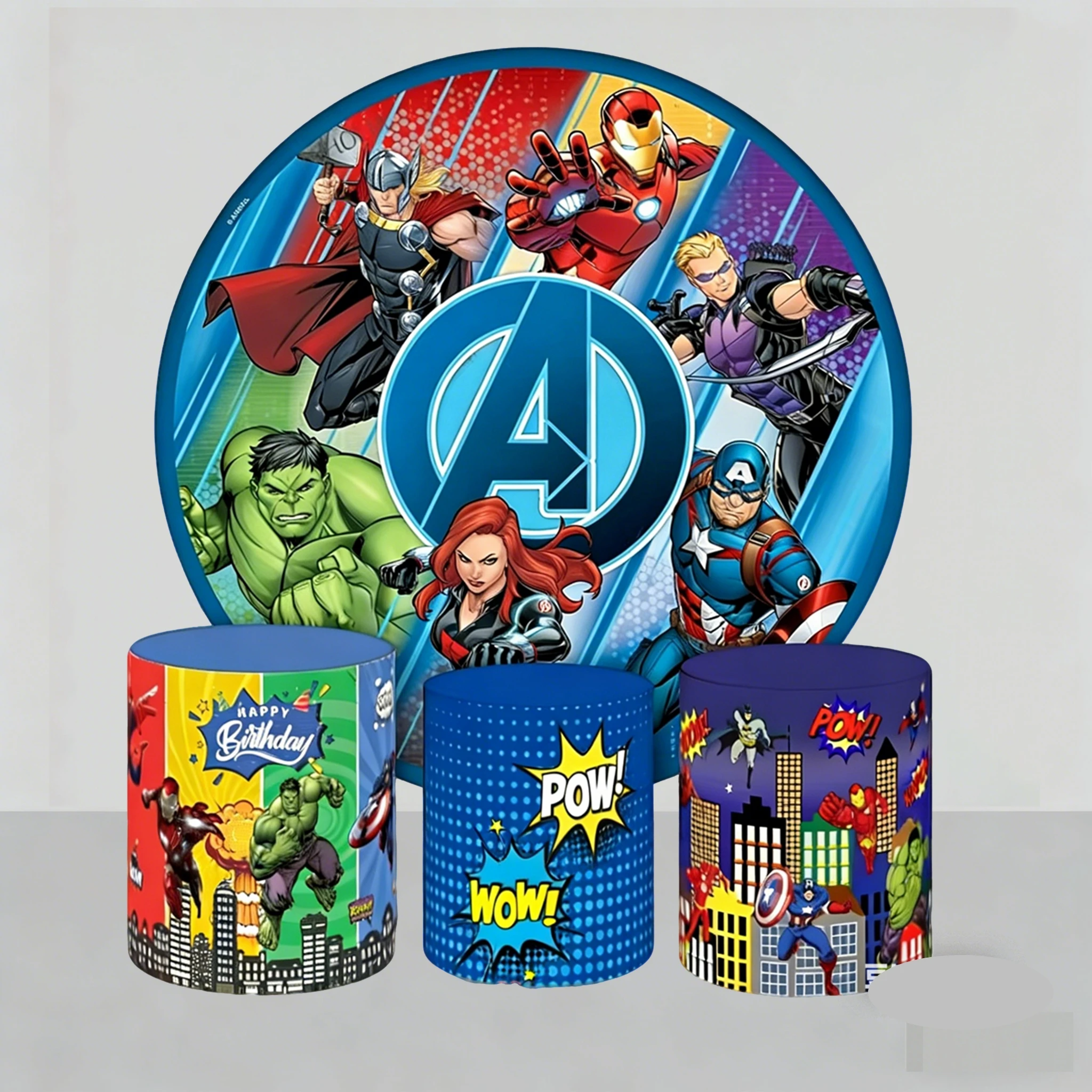

Avengers Boy Birthday Party Supplies Superhero Cylinder Cover Backdrop Baby Shower Blue Round Background Photography Cover Decor