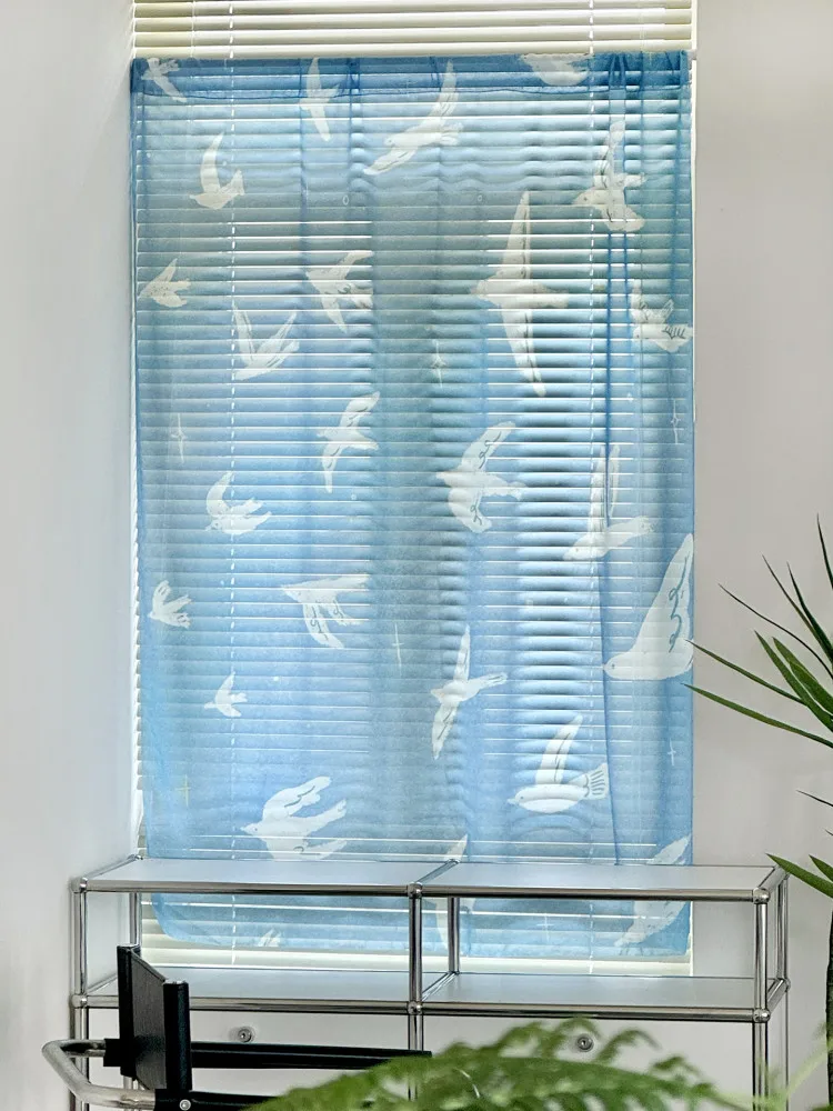 Ins Chiffon Yarn Floating Window Curtains Lily of the Valley Flying Bird Pattern Balcony Decoration