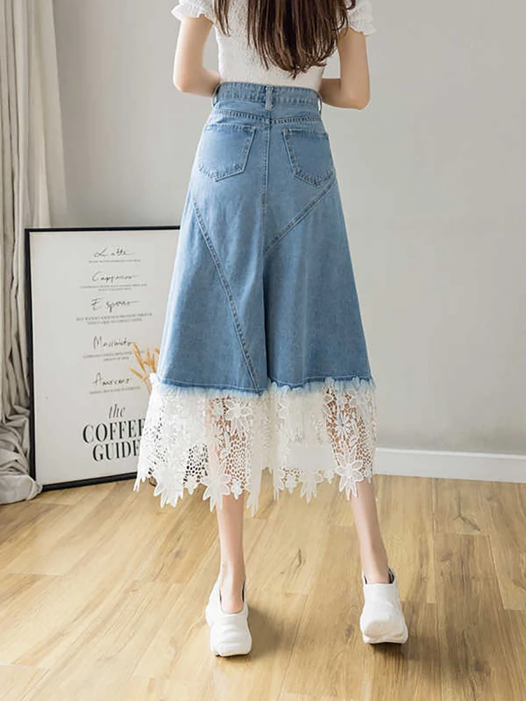 Lace Patchwork Denim Skirt For Women's Summer New Retro High Waist Slimming Mid Length Irregular A-line Umbrella Skirts