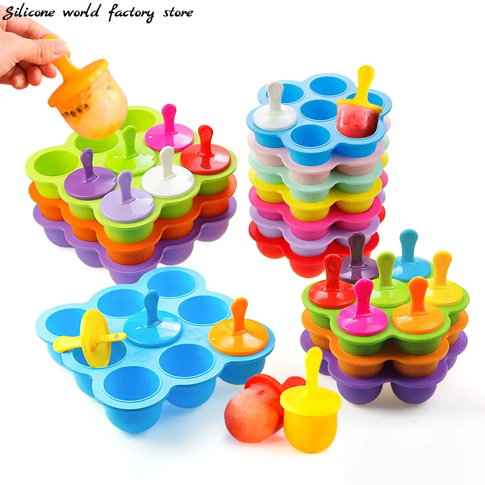 Silicone world 9/7 Holes DIY Ice Cream Pops Silicone Mold Popsicles Molds Children Fruit Shake Home Kitchen Accessories Tools