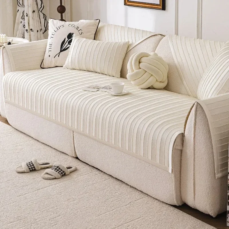 Cream Style Sofa Cushion Cover Non-Slip Striped Pattern Sofa Protector Soft Solid Color Couch Slipcover Living Room 쇼파패드 Decor