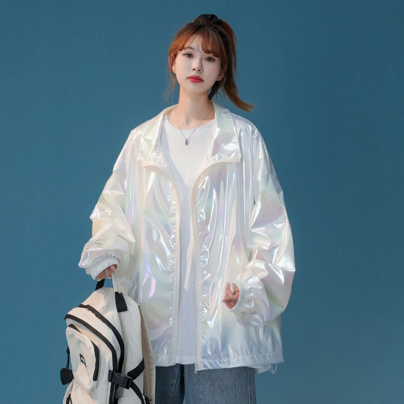 Summer Autumn Shiny Laser Jacket Women Loose Baseball Jackets Harajuku Oversized Pockets Windbreaker Basic Coat Outerwear