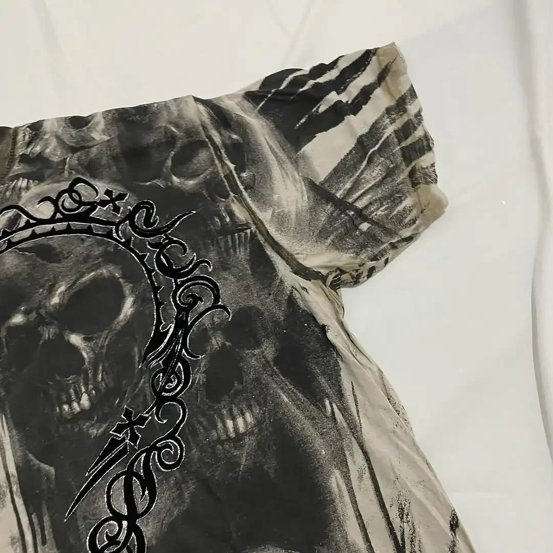 Y2K Harajuku ريترو التأثير تي شيرت الجمجمة الظلام الجرافيك المحملة موضة عادية القطن قصير الأكمام بلايز جديد القوطية الشارع الشهير