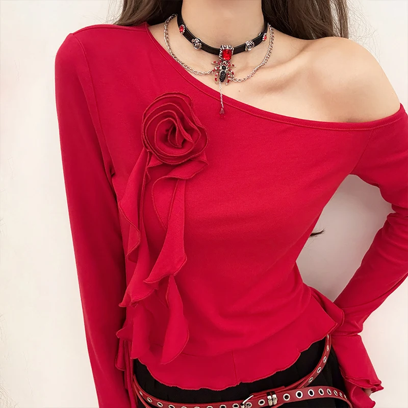 

OMSJ Solid Color Slanted Collar Off-shoulder Slim Fit Irregular Long Sleeved 3D Flower Decorated Ruffles T Shirt Sexy Hottie Top