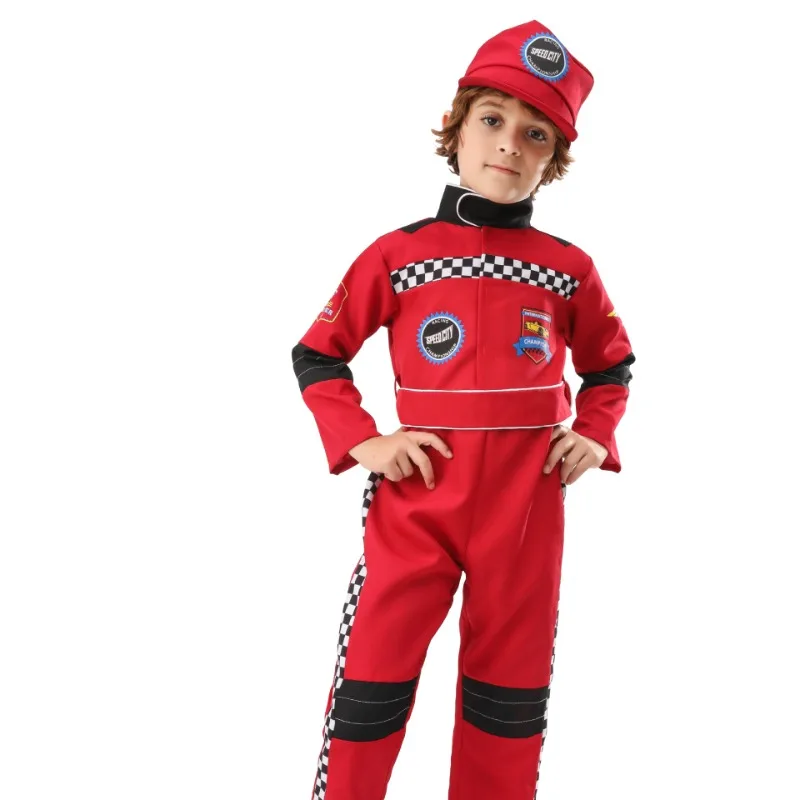 Disfraz de corredor rojo para niño, disfraz de Halloween, juego de rol, conductor de carreras, uniforme de entrenamiento de una pieza, tela para disfraz de personaje de corredor infantil