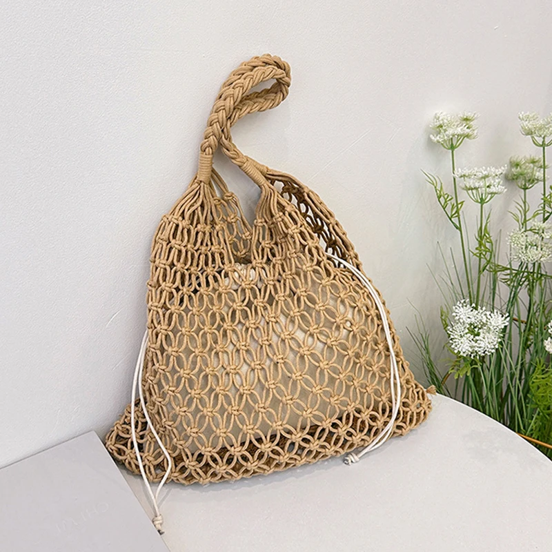 Handmade Knitted Shoulder Bag Summer Woven Bag Beach Boho Women Handbags Large Tote Bag Hollow Out Shopping Bag