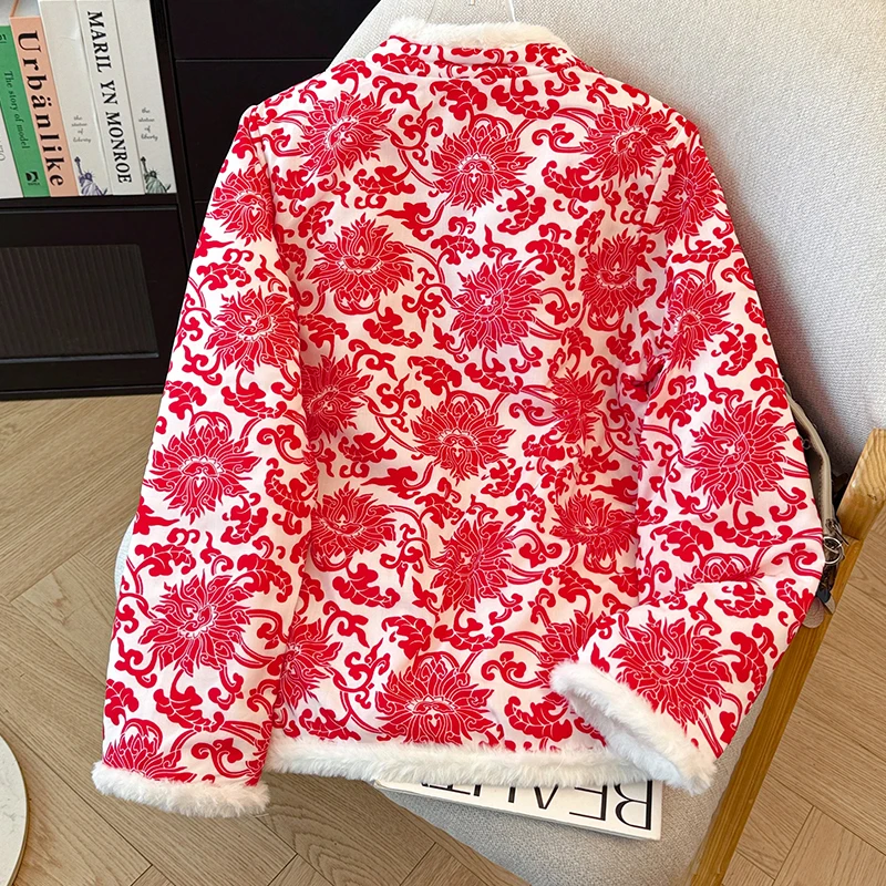 Thickened Short Cotton Jacket for Women with Button Design Floral Print Winter Coat Warm Retro Chinese Style Commute Fashion