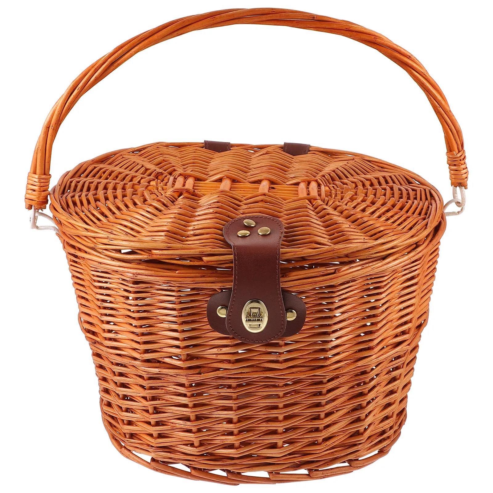 

Brown Wicker Front Handlebar Bike Basket Style Large Capacity Front Box Lid Carry Books Bags Picnic Lunch for Bikes