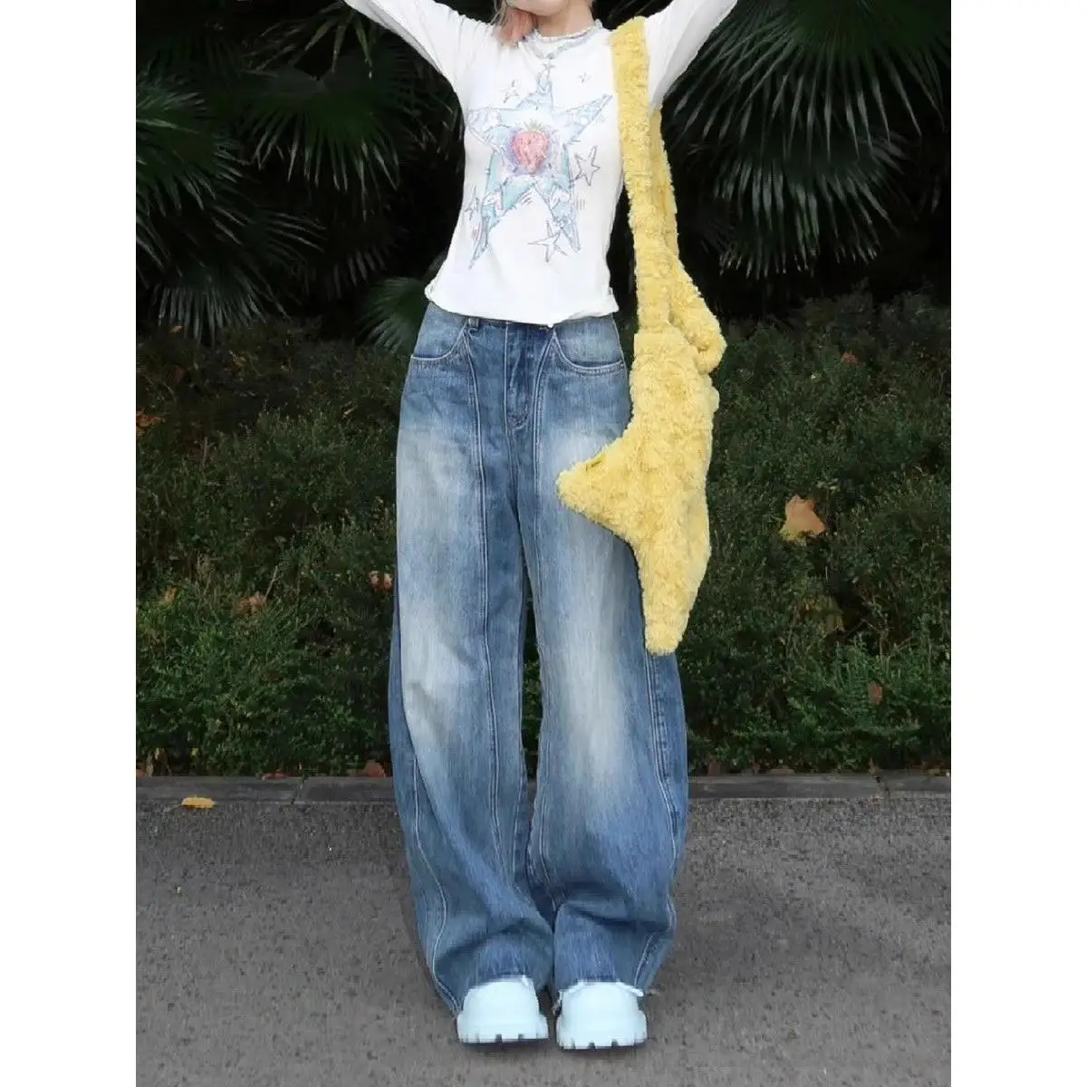 

High Waist Wide Leg Denim Jeans Women's Loose Fit Slimming Trendy Straight Korean Sle Casual Cotton Polyester Blend