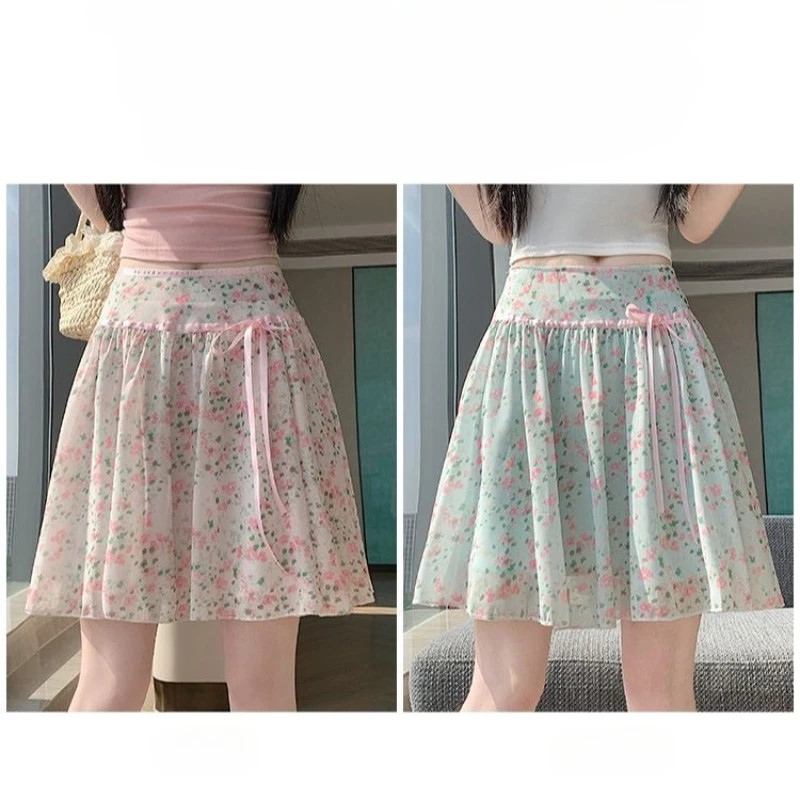 Sweet Kawaii New Arrival Pink Floral Print Chiffon Lace Trim High Waist Bow Ruffle A Line Skirt Women Girls Summer Everyday Wear