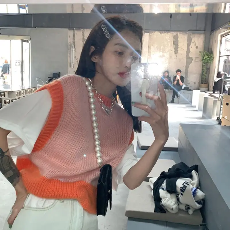 Autumn New Trend All-match Patchwork Knitting O-neck Sleeveless Sweater Vest Femme Fashion Loose Pullover Screw Thread Sweaters