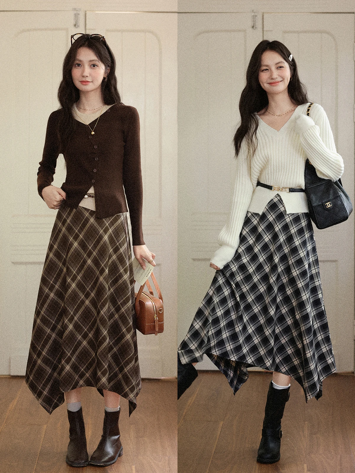 

Casual Plaid Skirt Women's mid Waist A-Line Skirt with Irregular Design Autumn New Sle Commuter Long Dr