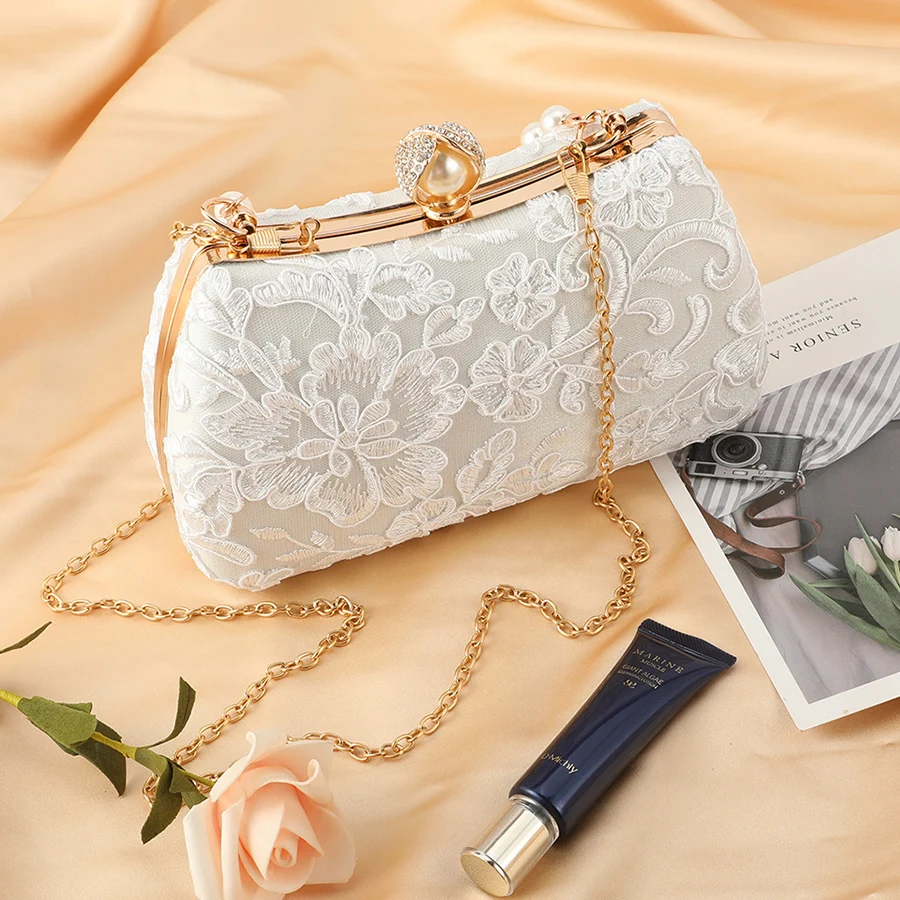 

Retro Lace Flower White Evening Bags Wedding Party Bridal Small Clutches For Womens Chains Sholder Bag Crossbody Prom Handbags