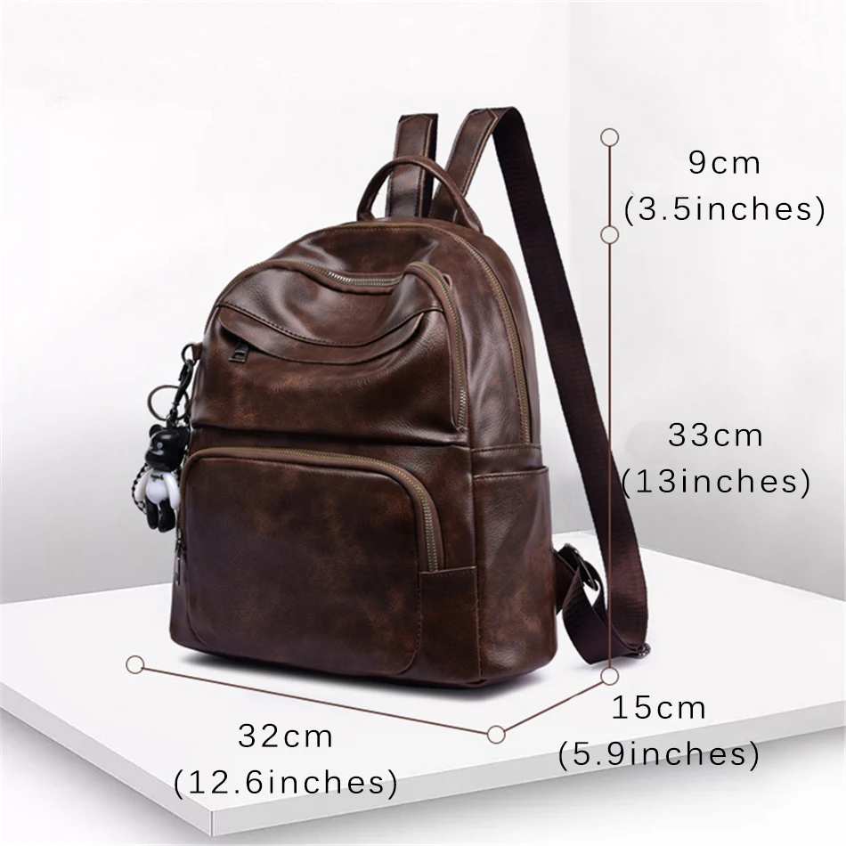 Vintage Soft Leather Women Backpack Cute Bear Pendant School Bag For Teenage Girls Light & Large Capacity Ladies Travel Bag