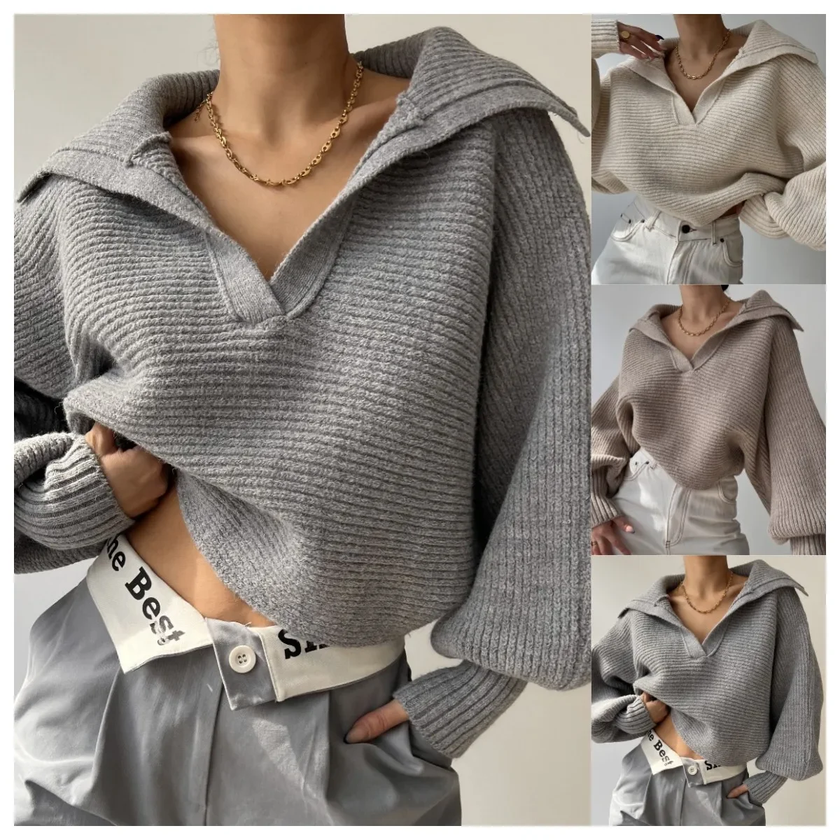 Dzianinowy sweter damski z kołnierzykiem, krótki, ponadgabarytowy sweter damski z długim rękawem, jednolite ubrania, top damski