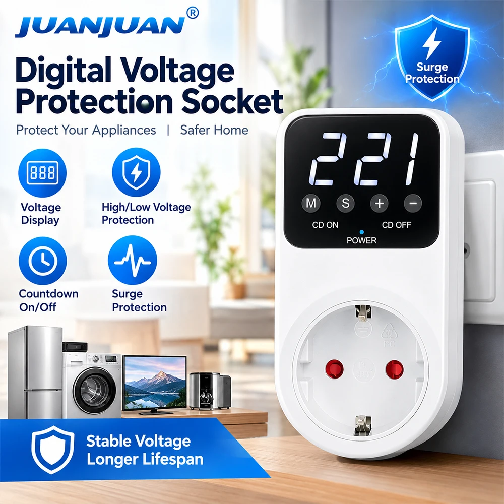 EU Digital Voltage Protection Socket High Low Voltage Detector Countdown Timer Surge Protector Adjustable Voltage Threshold
