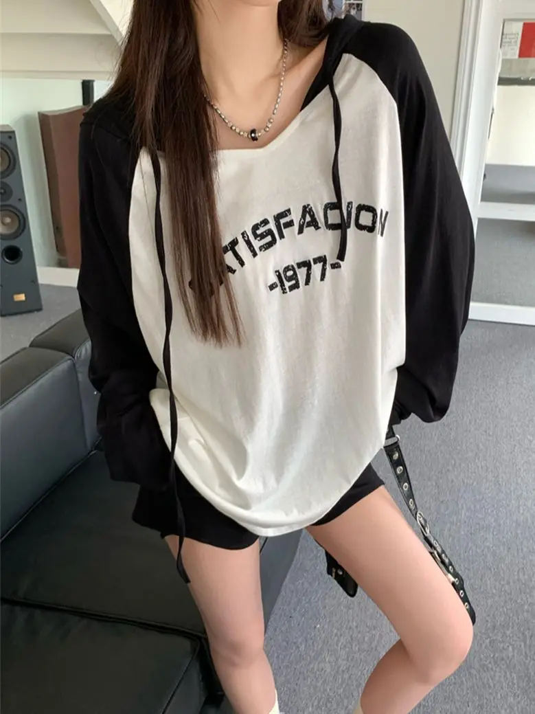 

PLAMTEE Stylish Women Hooded T-Shirts Autumn Letter Patchwork 2023 Thin New Loose Oversize Casual OL Full Sleeve Daily Tees