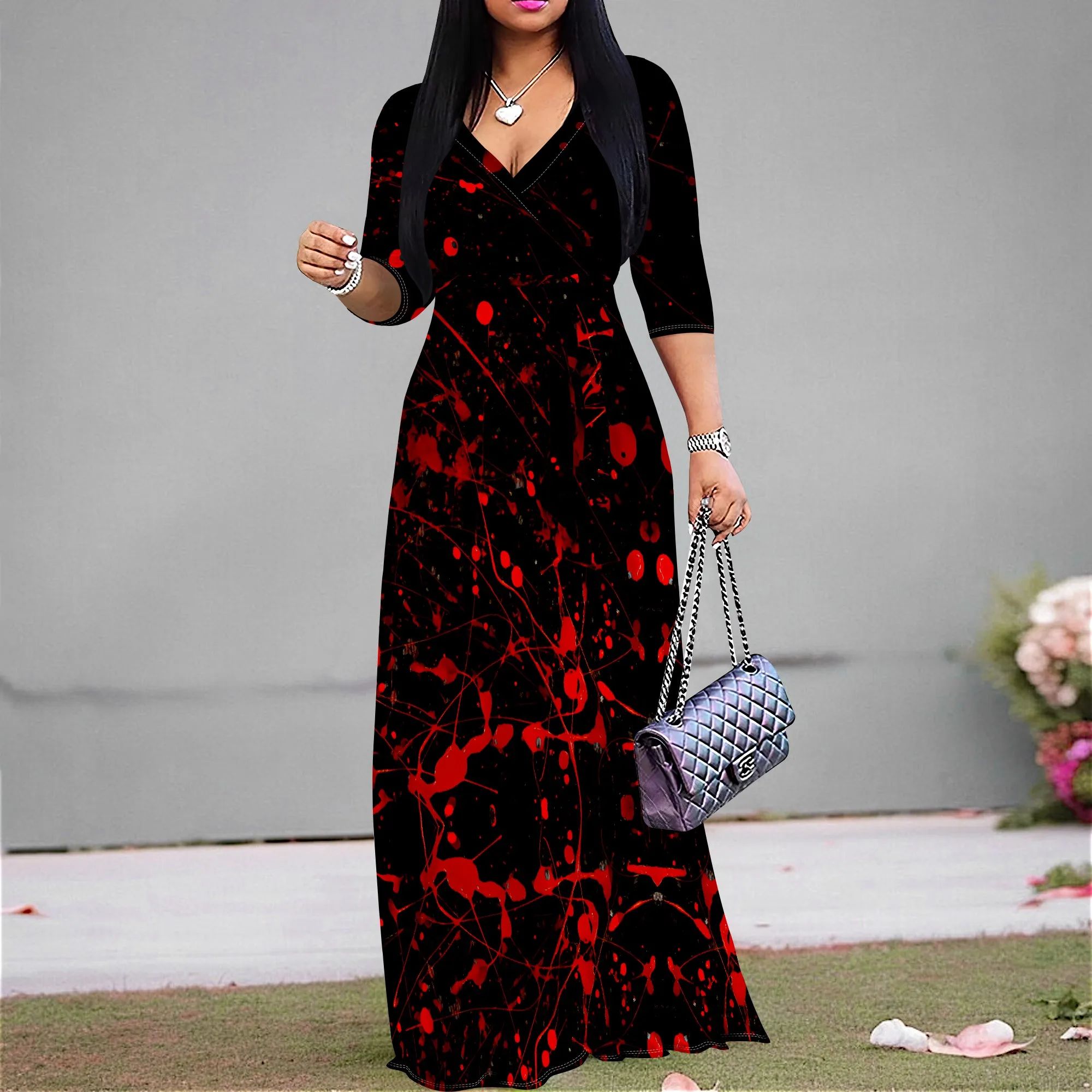 

Womens Fashion Graffiti Print Casual Maxi Dresses Wrap V-Neck 3/4 Sleeve Sexy Ruched Long Dress with Belt