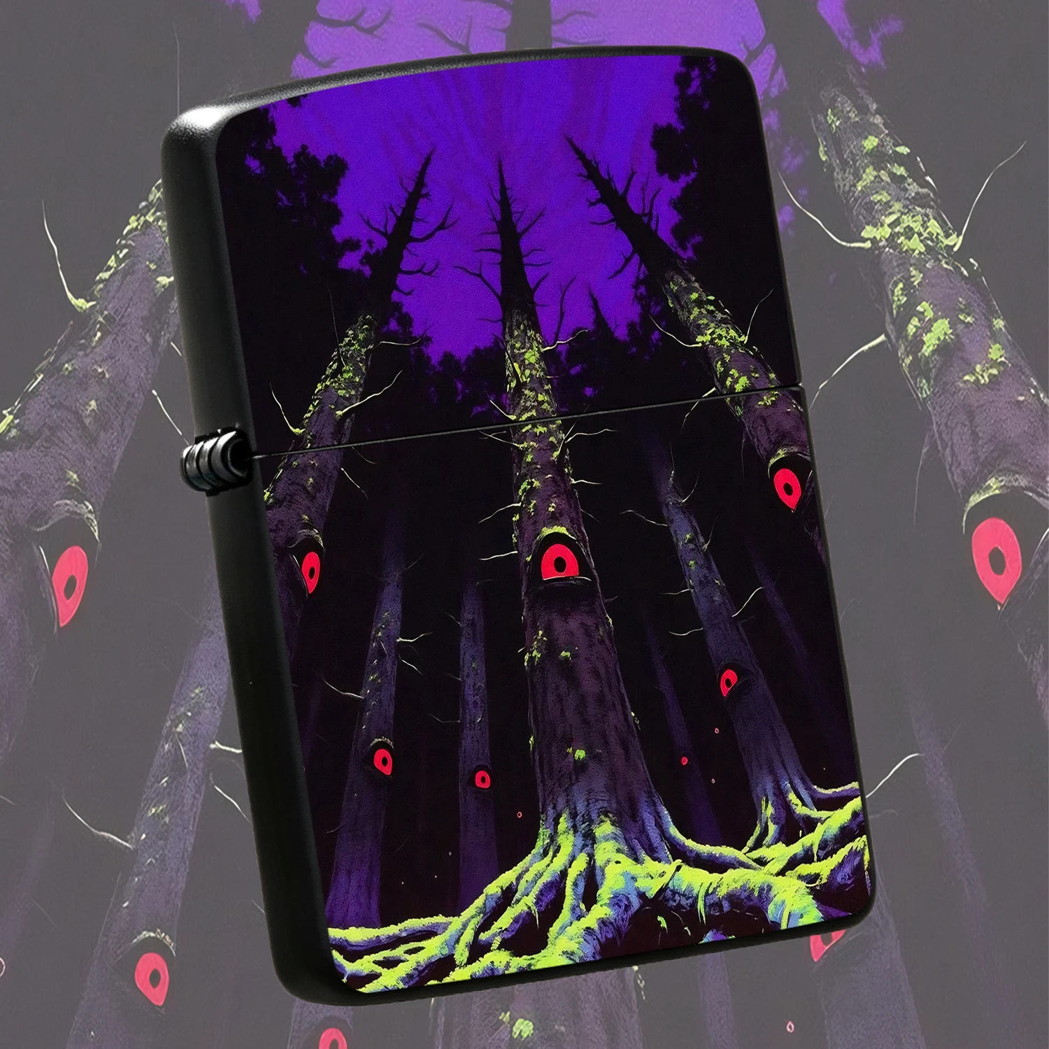 Retro Mysterious Glowing Moss Forest All-Seeing Eye Lighter, Dark Surreal Psychedelic Tree Art Portable Pocket Igniter, Unique Stylish Decorative Accessory for Daily Use, Gatherings, Camping, Exotic Creative Gift for Fan Humorous and intere