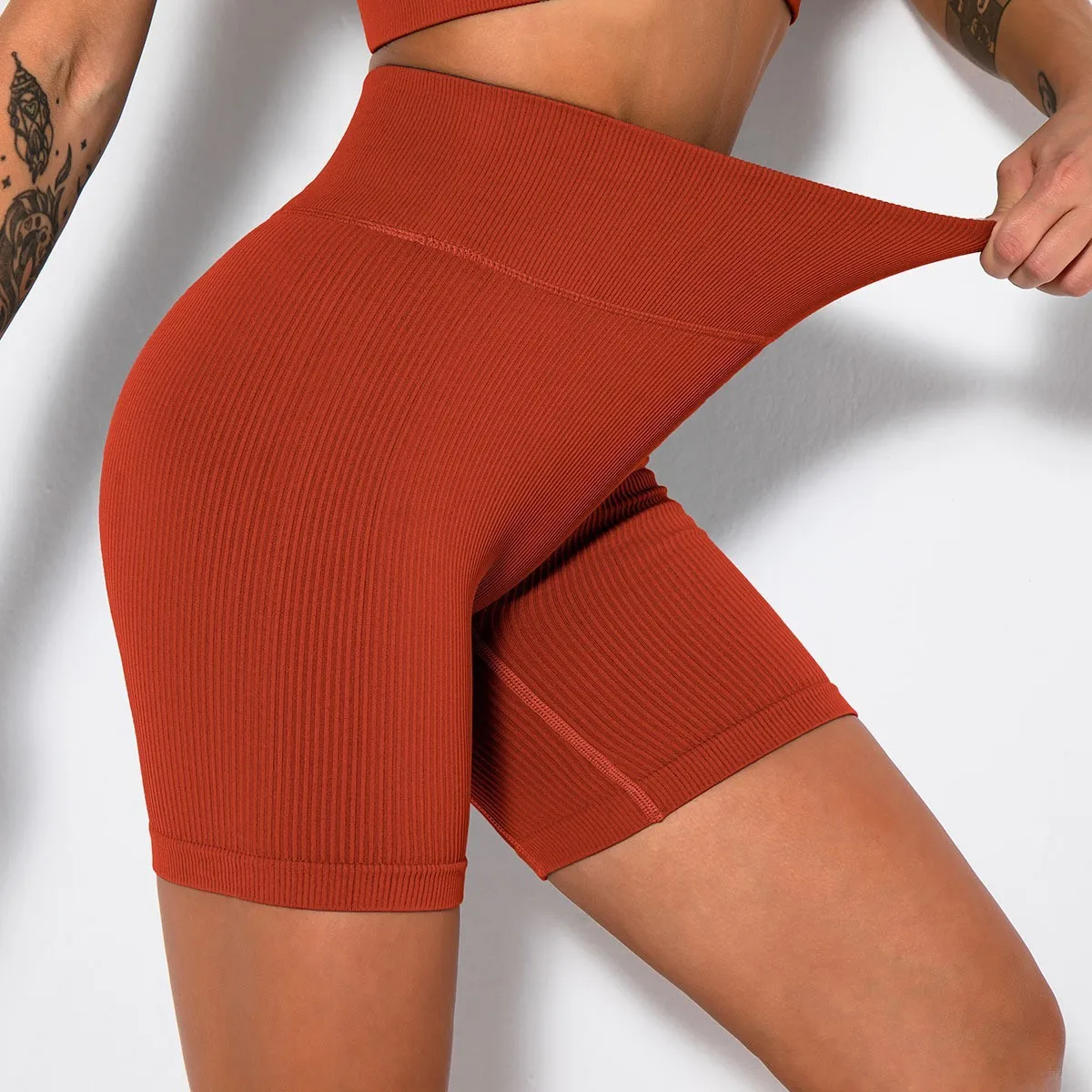 Women\'s High Waist Ribbed Seamless Yoga Shorts Squat Proof Hip Lifting Fitness Workout Running Sports Gym Leggings Shorts