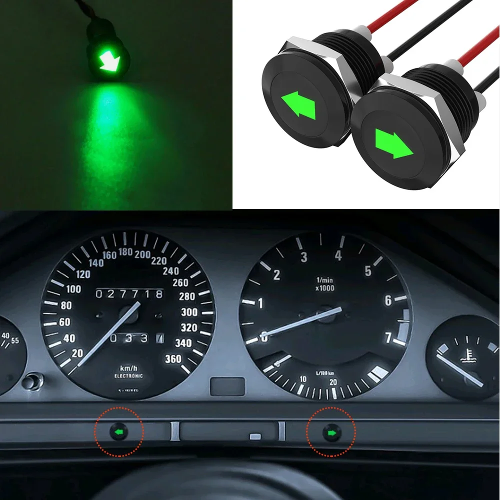 

2x 12mm LED Indicator Pilot Dash Light Single Arrow Symbols 12V Green LED Metal Turn Signal Indicator Light With Wire Lead