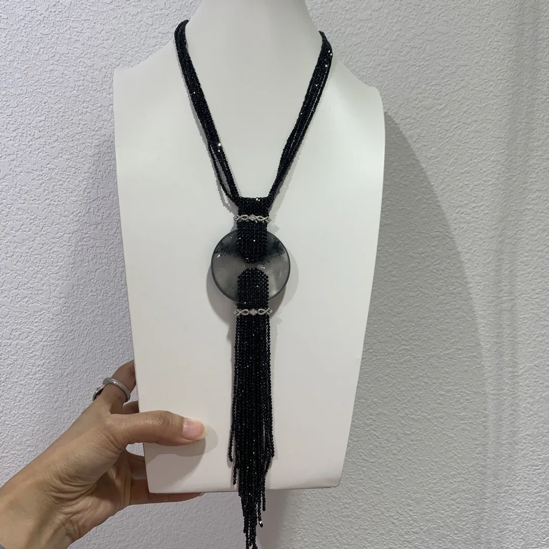 natural spinel necklace long tassels black color 925 sterling silver with cubic zircon jade pendant fine women jewelry for party