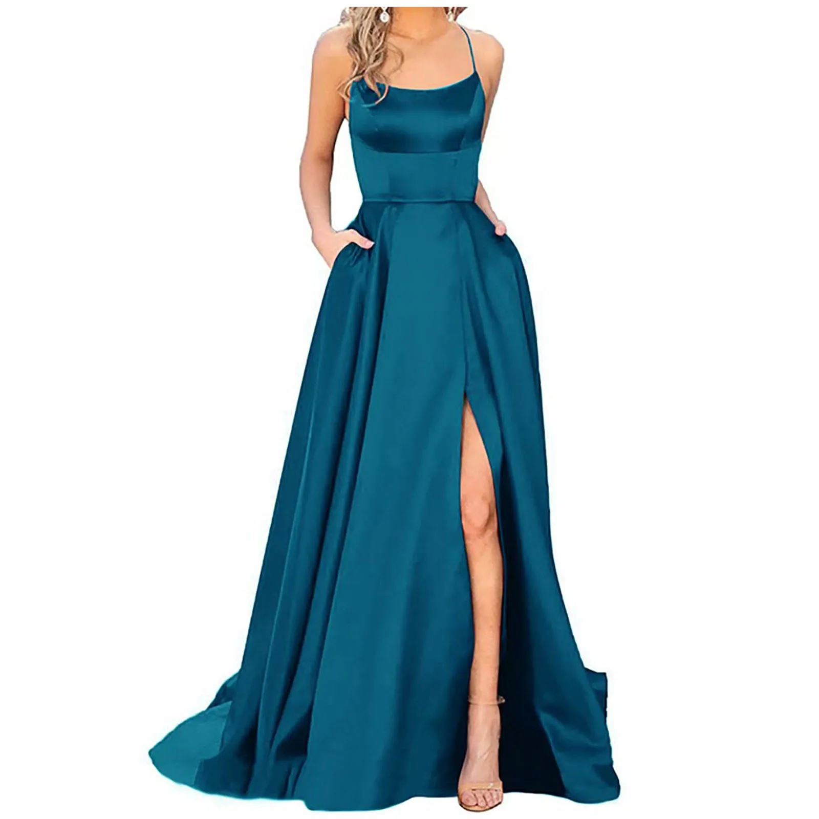 

Women Spaghetti Strap Satin Prom Dress Long Elegant Backless Summer A-line Maxi Evening Party Gown Vestidos Female Dress