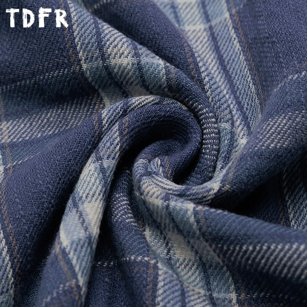 Retro Plaid Long Sleeve Shirts Mens Pocket Letter Embroidery Autumn Casual Loose Long Sleeve Single Breasted Cotton Shirts Man