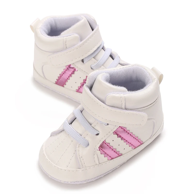 Erste Sportschuhe mit Streifenmuster aus PU-Material für Jungen und Mädchen, geeignet für Babys im Alter von 0 bis 18 Monaten, mit weicher Sohle, bequem und leicht. – Detail 12