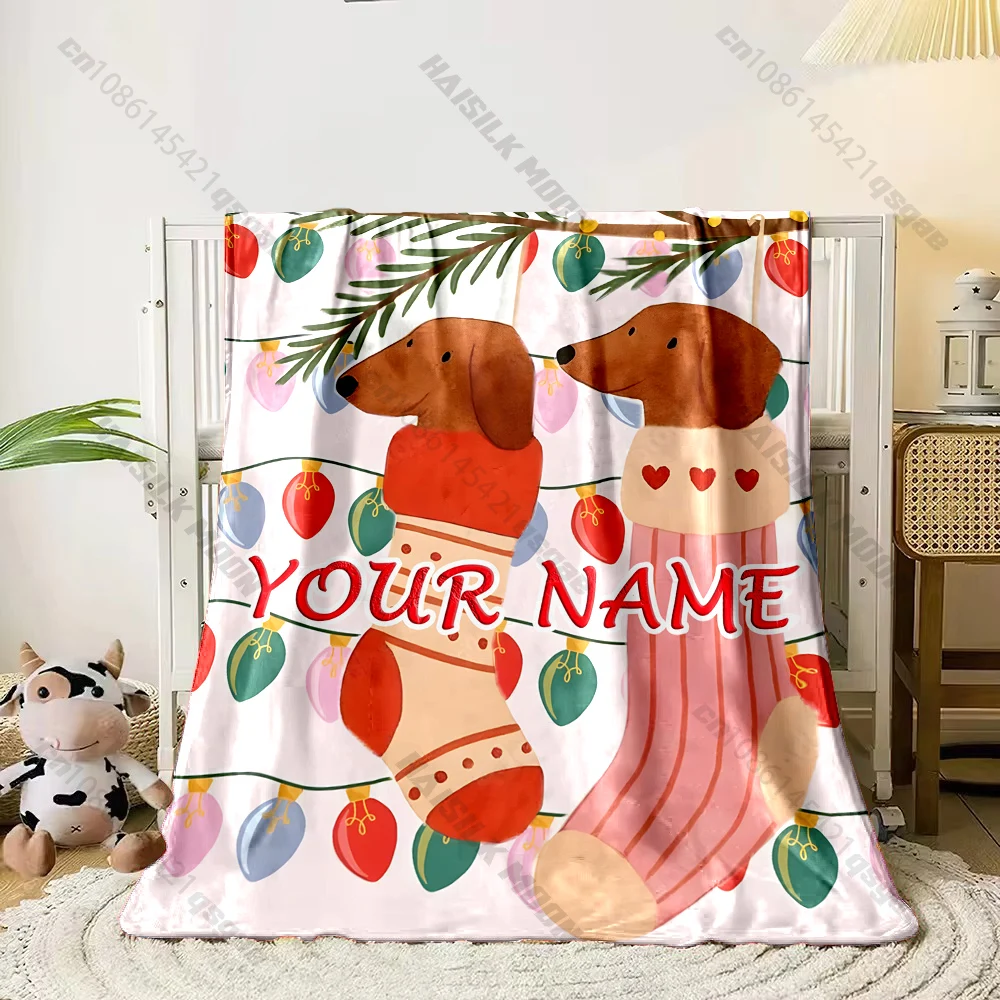 Custom Name Dachshund Christmas Blanket Wiener Dog Stocking Festive Light Flannel Throw Blanket Pet Owner Xmas Gift