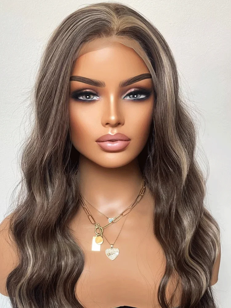 Brunette Brown Lace Front Wig With Blonde Highlights Free Part Wig Ocean Wavy Synthetic Lace Wig For Women Daily Party Use