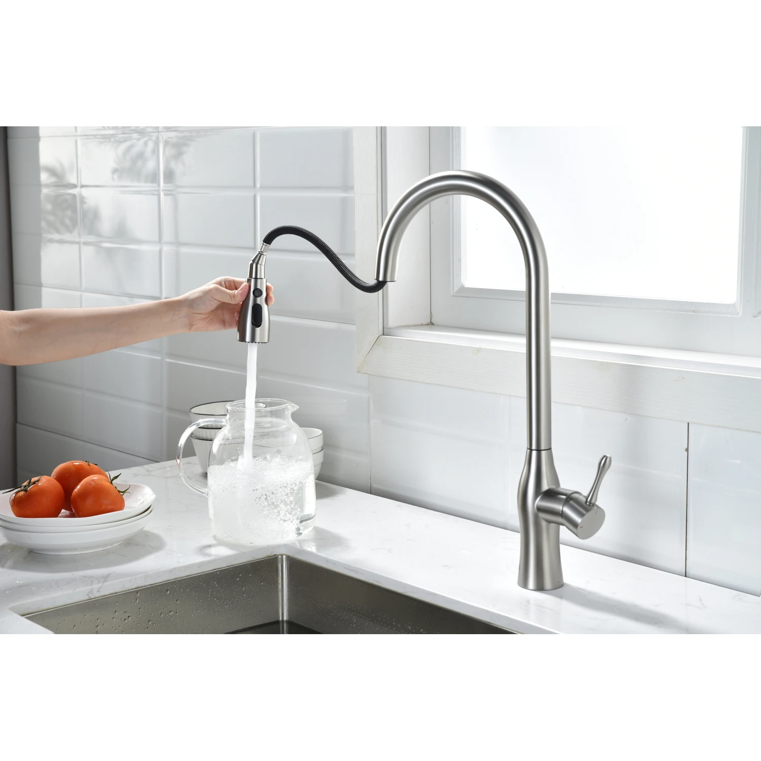 Pull-Down Single Handle Kitchen Faucet in Brushed Nickel